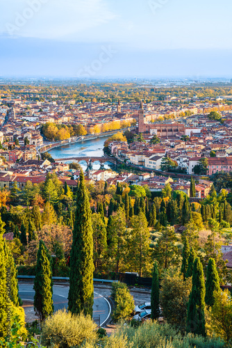 Panorama of Verona  Veneto  Italy at sunset seen from the Santuary of Our Lady of Lourdes