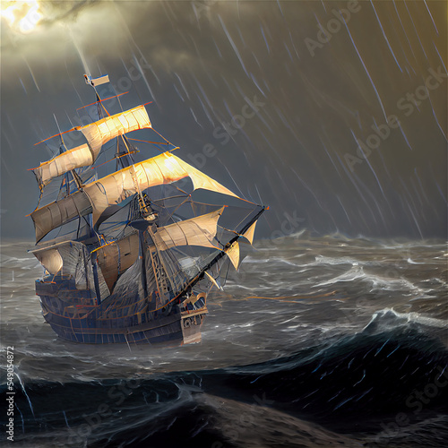Ancient sail ship in a storm