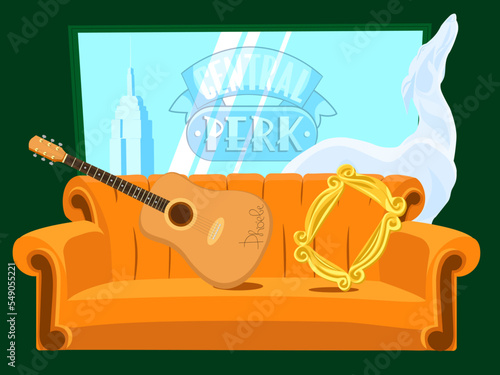Central Perk cafe interior, series Friends, sitcom. Signboard, Phoebe's guitar and yellow frame on sofa, dog statue. Green background, thanksgiving day. Vector stock illustration. photo