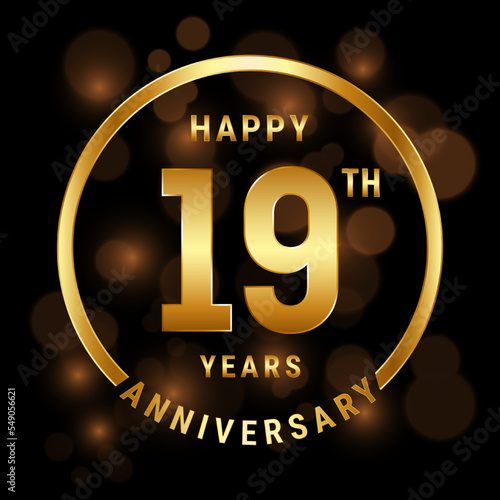 19th Anniversary. Anniversary template design with gold ring for celebration event, wedding, invitation and greeting card. Vector illustration