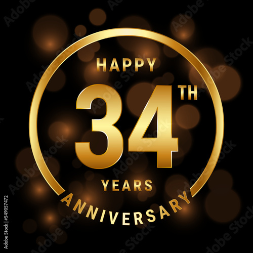 34th Anniversary. Anniversary template design with gold ring for celebration event, wedding, invitation and greeting card. Vector illustration photo