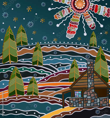 Decorative festive Christmas wallpaper depicting a festive winter Ukrainian village in the style of decorative Kosiv painting photo