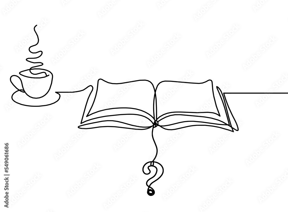 Abstract open book with question mark as line drawing on white ...