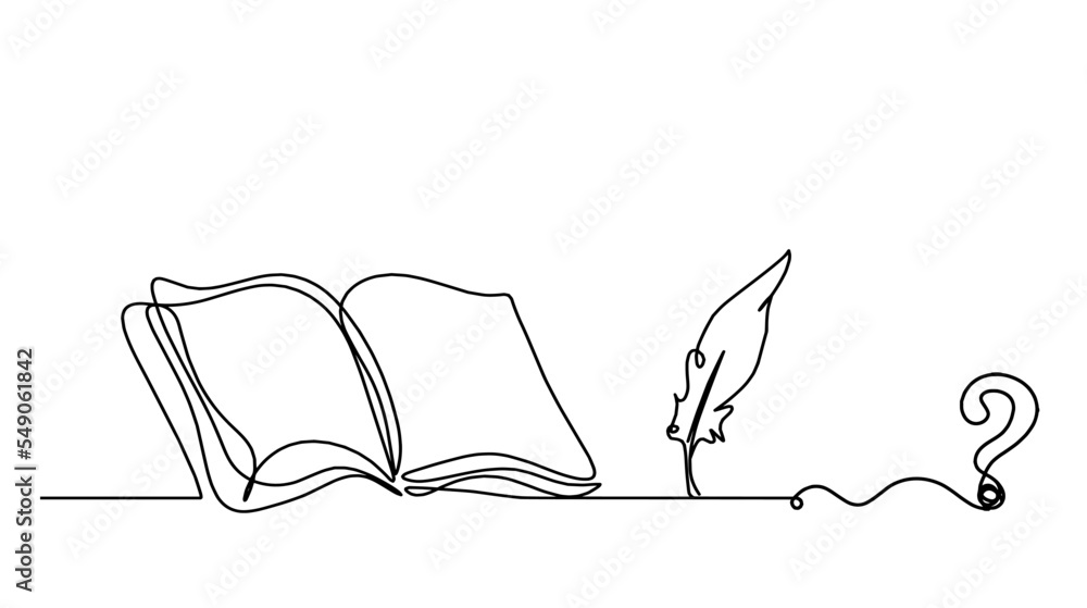 Abstract open book with question mark as line drawing on white ...