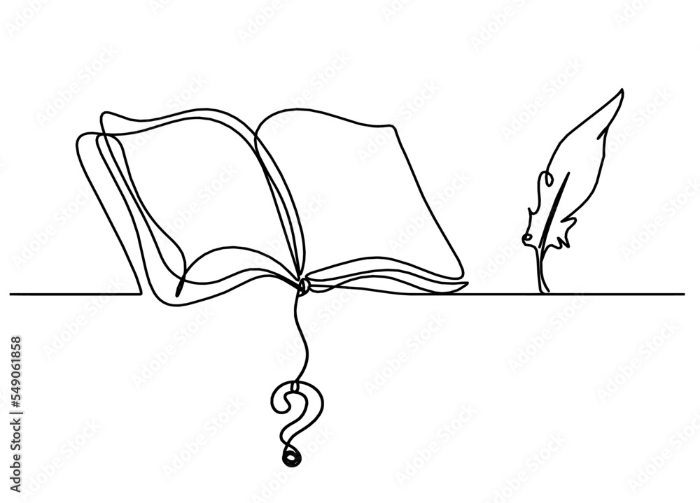 Abstract open book with question mark as line drawing on white ...