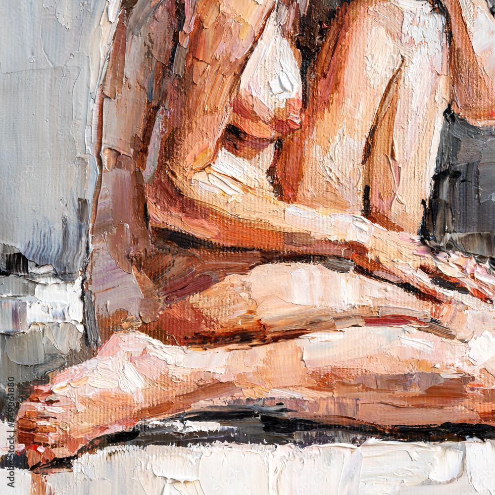 Nude attractive young woman, created in details and color nuances. Colors: white, gray, brown. Oil painting on canvas.