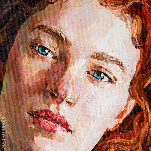 Oil painting. Fragment of portrait of a red-haired girl on a gold background. The art is done in a realistic manner.
