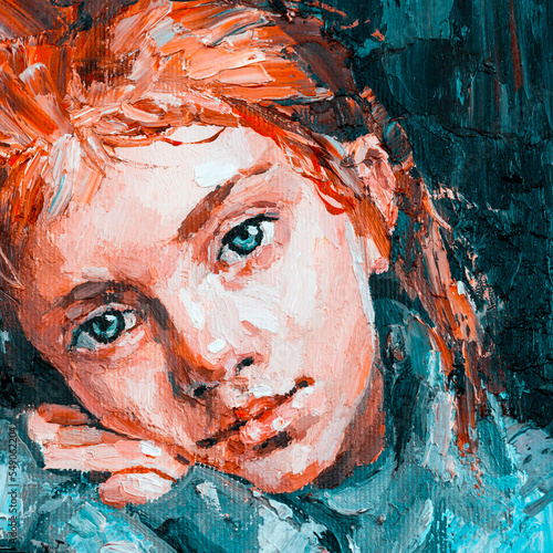 Young girl, on a gray-blue cold background. Oil peinting on canvas. photo