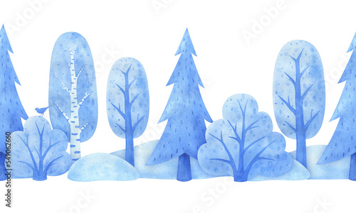 An endless illustration of the winter natural environment. Watercolor seasonal landscape. Seamless pattern of nature. Horizontal border with trees, shrubs in the snow. Isolated image of a forest park