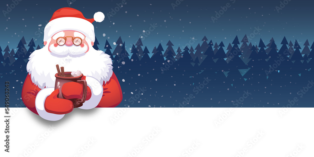 Naklejka premium Cute cartoon santa claus presents above forest snowing Christmas concept 