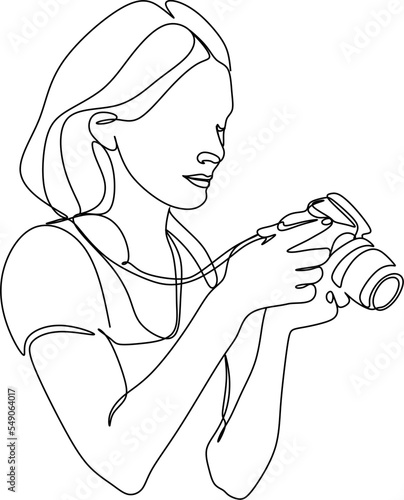 Single one line drawing photographer of paparazzi taking photo with modern digital camera with angles. Journalist or reporter making pictures. Continuous line draw design graphic vector illustration