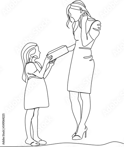 Continuous line drawing of a young single mother accompanying her daughter to study at home. Happy family parenting concept. Stylish one line drawing design vector illustration
