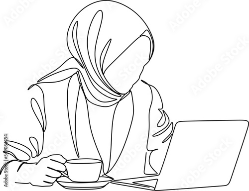 continuous line drawing of professional young muslim business woman using mobile digital tablet computer work and writing work plan on personal notebook isolated on white background
