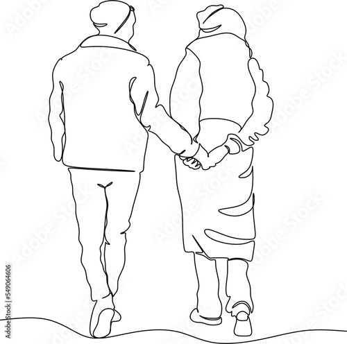 continuous line drawing of a young couple walking hand in hand