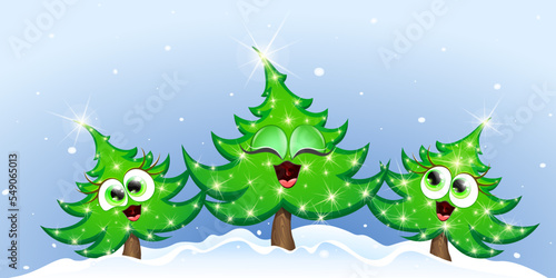 Cute cartoon funny three Christmas fir trees singing under snowfall