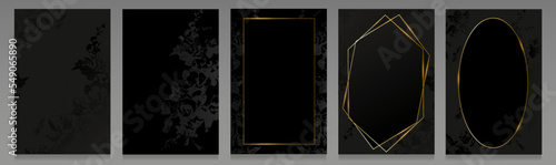 Set of elegant covers, black and gold colors. Painted flowers, printed floral motif, with gold frames of various shapes. Brochures, invitations, luxury backgrounds.