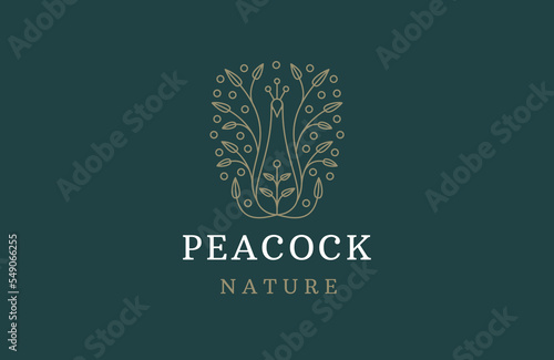 Peacock bird with leaf illustration line logo design template
