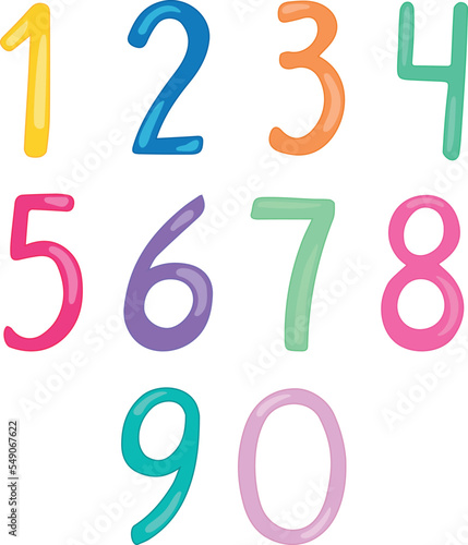 Cartoon color numbers from Zero to Nine. Hand drawn vector art. Rainbow colors