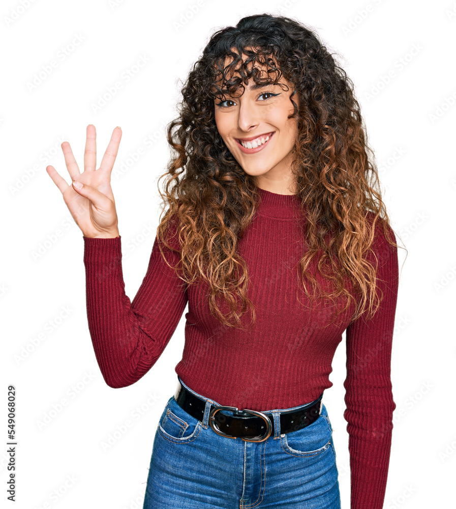 Young hispanic girl wearing casual clothes showing and pointing up with fingers number four while smiling confident and happy. Young hispanic girl wearing casual clothes showing and pointing up with fingers number four while smiling confident and happy.