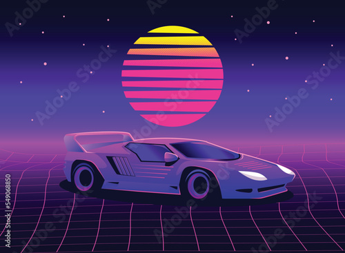 Retro 80s sci-fi futuristic style background with supercar. Vector retro futuristic synth wave illustration in 1980s posters style. Retro Nostalgic vaporwave cyberpunk artwork with vibrant neon colors