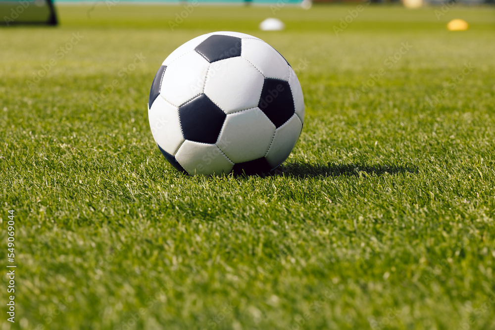 Fototapeta premium Classic football soccer ball on grass field. Side view on retro classic football ball. Image of sports soccer background