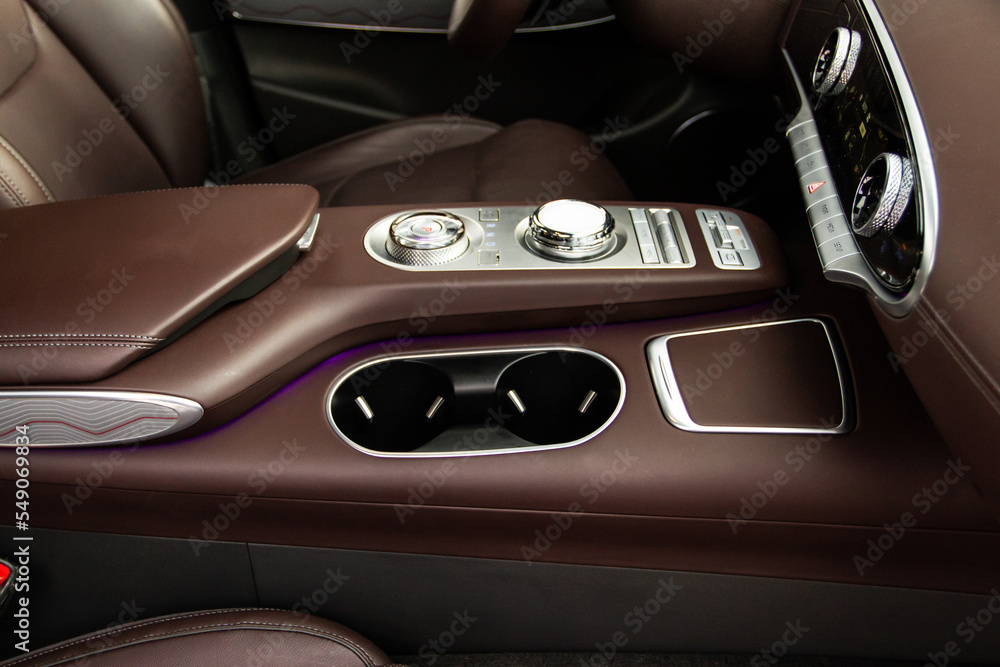 Modern automatic gearbox. Close up of the gearbox transmission handle. Automatic gear stick. Modern automatic gearbox. Close up of the gearbox transmission handle. Automatic gear stick.