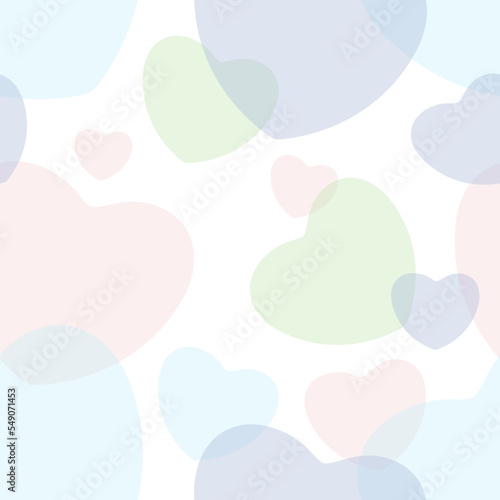 Seamless pattern of colored translucent hearts of different sizes. On a white background.