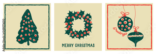 Christmas set with wreath, fir tree and ball toys, modern minimalistic card 