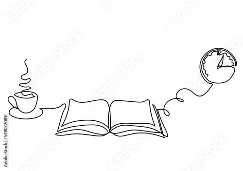 Abstract open book with clock as line drawing on white background. Vector
