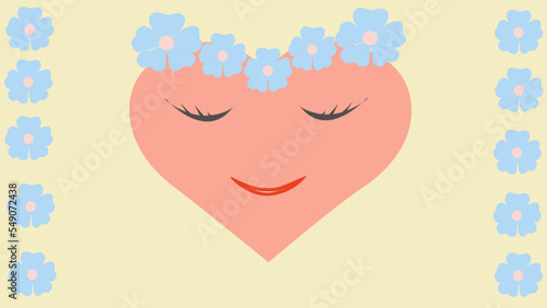 red heart with blue flowers on yellow background