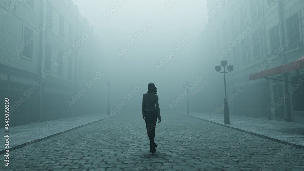 silhouette of a woman walking alone in the fog on lonely moody cobblestone street