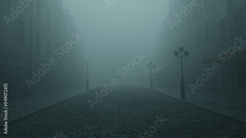 dark empty cobblestone street with streetlights