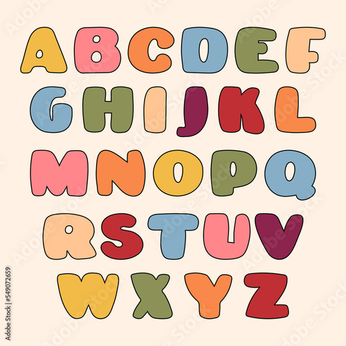 Retro bubbly text. Color cartoon alphabet. Isolated vector illustration.