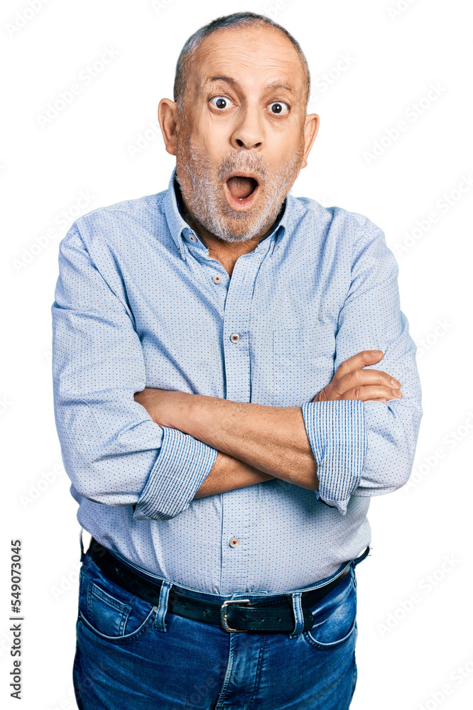Senior man with grey hair and beard with arms crossed gesture afraid and shocked with surprise and amazed expression, fear and excited face. Senior man with grey hair and beard with arms crossed gesture afraid and shocked with surprise and amazed expression, fear and excited face.