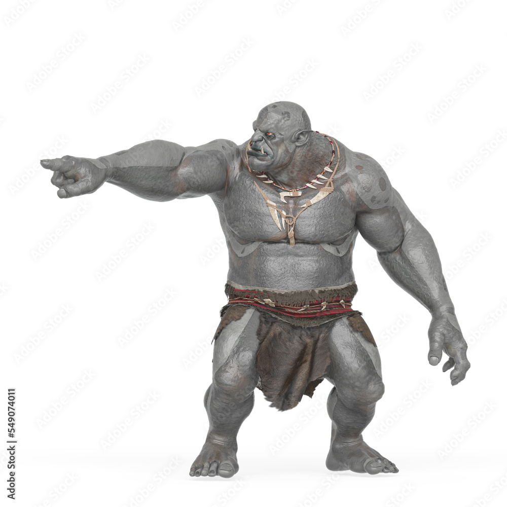 ogre beasty is pointing and showing the way to war in white background ogre beasty is pointing and showing the way to war in white background