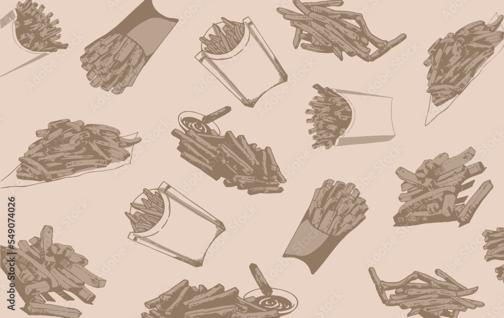 vintage pattern french fries , stylish sepia food cover for fabric