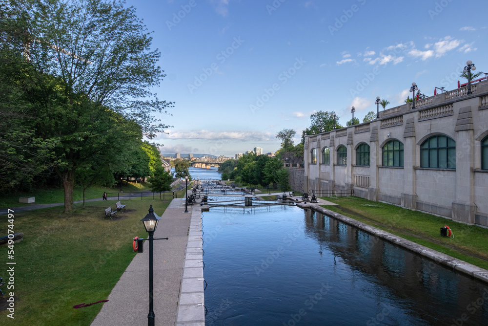 Ottawa, Ontario, Canada - August 4, 2022: Lock 1 thru 8 on the historic Rideau Canal in downtown Ottawa.