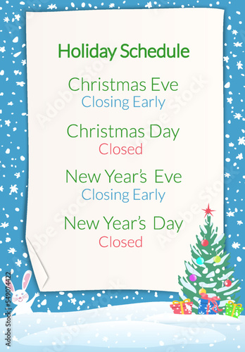 Holiday closure schedule template. Winter Scene with Snowdrifts, Hare and Fir Tree.