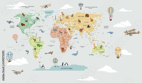 Children's map of the world with sights detailed grey