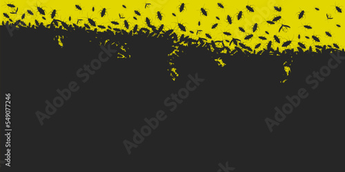 Black silhouette of a large number of cockroaches and insects on a yellow background, pest beetles top view. Parasite infestation