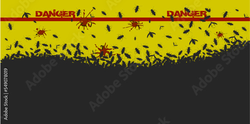 Black silhouette of a large number of cockroaches and insects on a yellow background, pest beetles top view. Parasite infestation