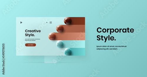 Colorful computer display mockup banner layout. Minimalistic website screen design vector template.