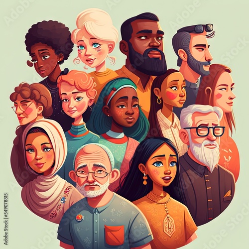 People diversity of gender, role, country, race, and age illustration, demonstrating equality and inclusion on the world