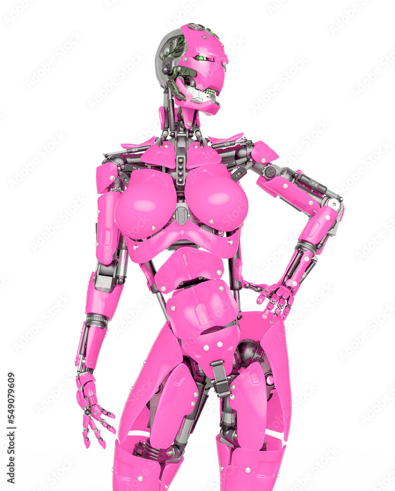 cyborg girl is doing a pin up pose on white background cyborg girl is doing a pin up pose on white background
