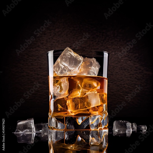 a glass of ice with some ice cubes on a table with a black background and a dark background Generative AI photo