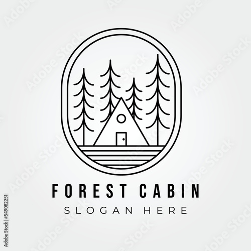 forest cabin line art logo vector illustration design, outdoor minimalist logo