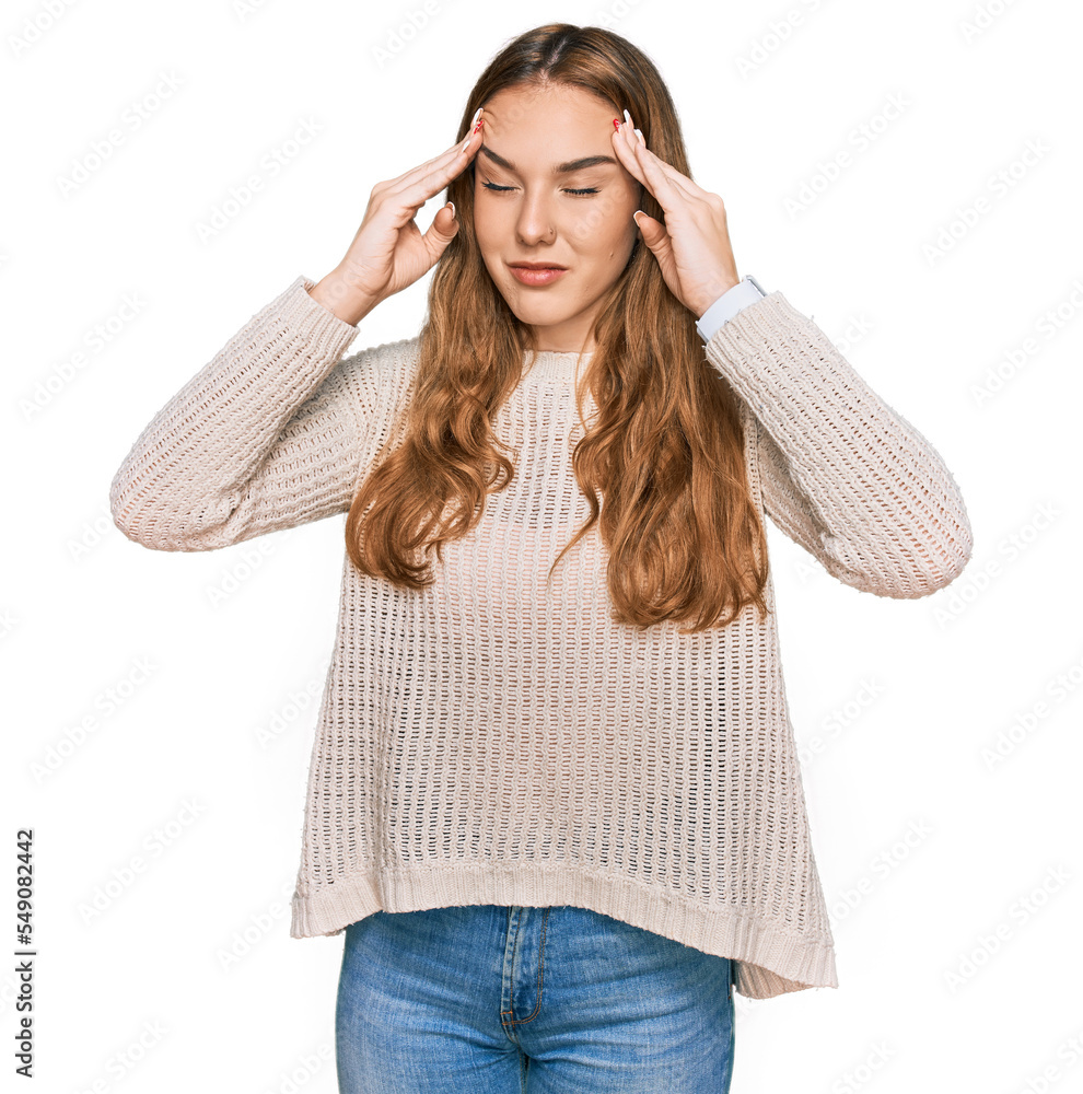 Young blonde woman wearing casual clothes with hand on head for pain in head because stress. suffering migraine. Young blonde woman wearing casual clothes with hand on head for pain in head because stress. suffering migraine.