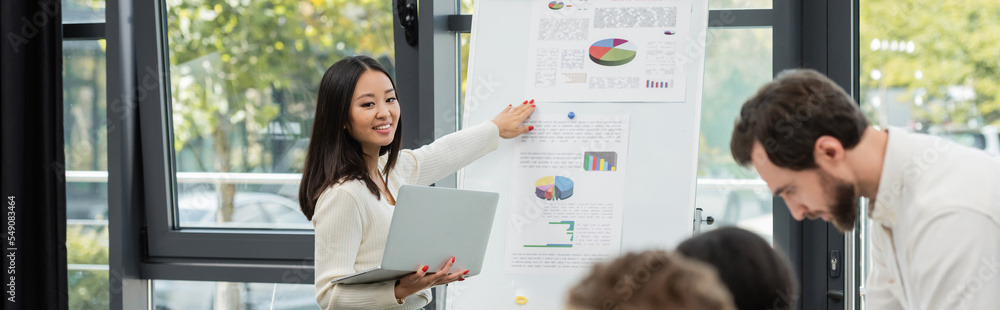 happy asian woman with laptop pointing at flip chart with analytics near blurred colleagues, banner happy asian woman with laptop pointing at flip chart with analytics near blurred colleagues, banner