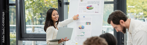 happy asian woman with laptop pointing at flip chart with analytics near blurred colleagues, banner