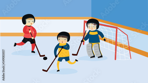 three children in equipment play hockey